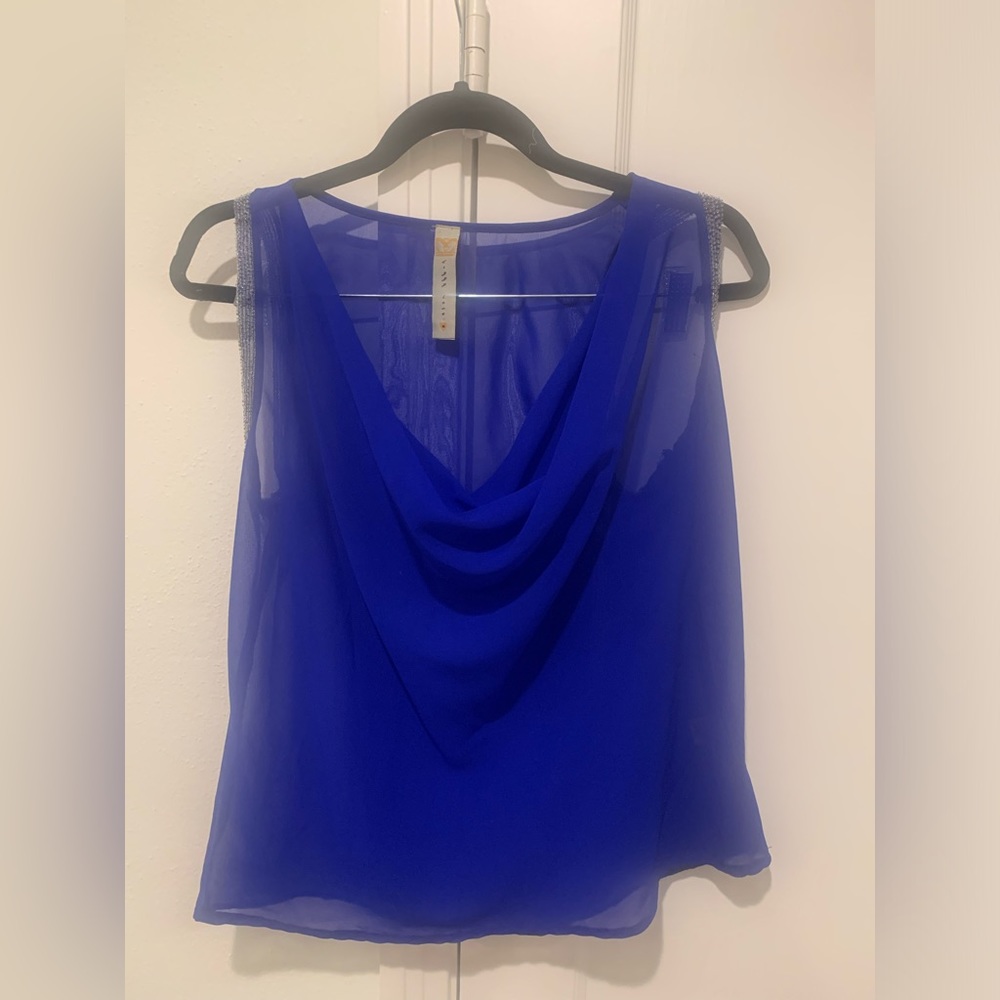 Blue Cowl Neck Sheer Beaded Evening Blouse